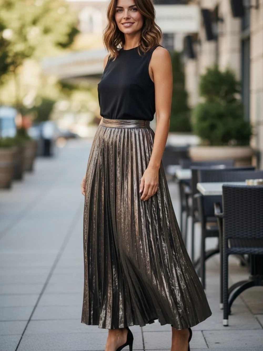 Free People Metallic Pleated Maxi Skirt Bronze Gold Size 10